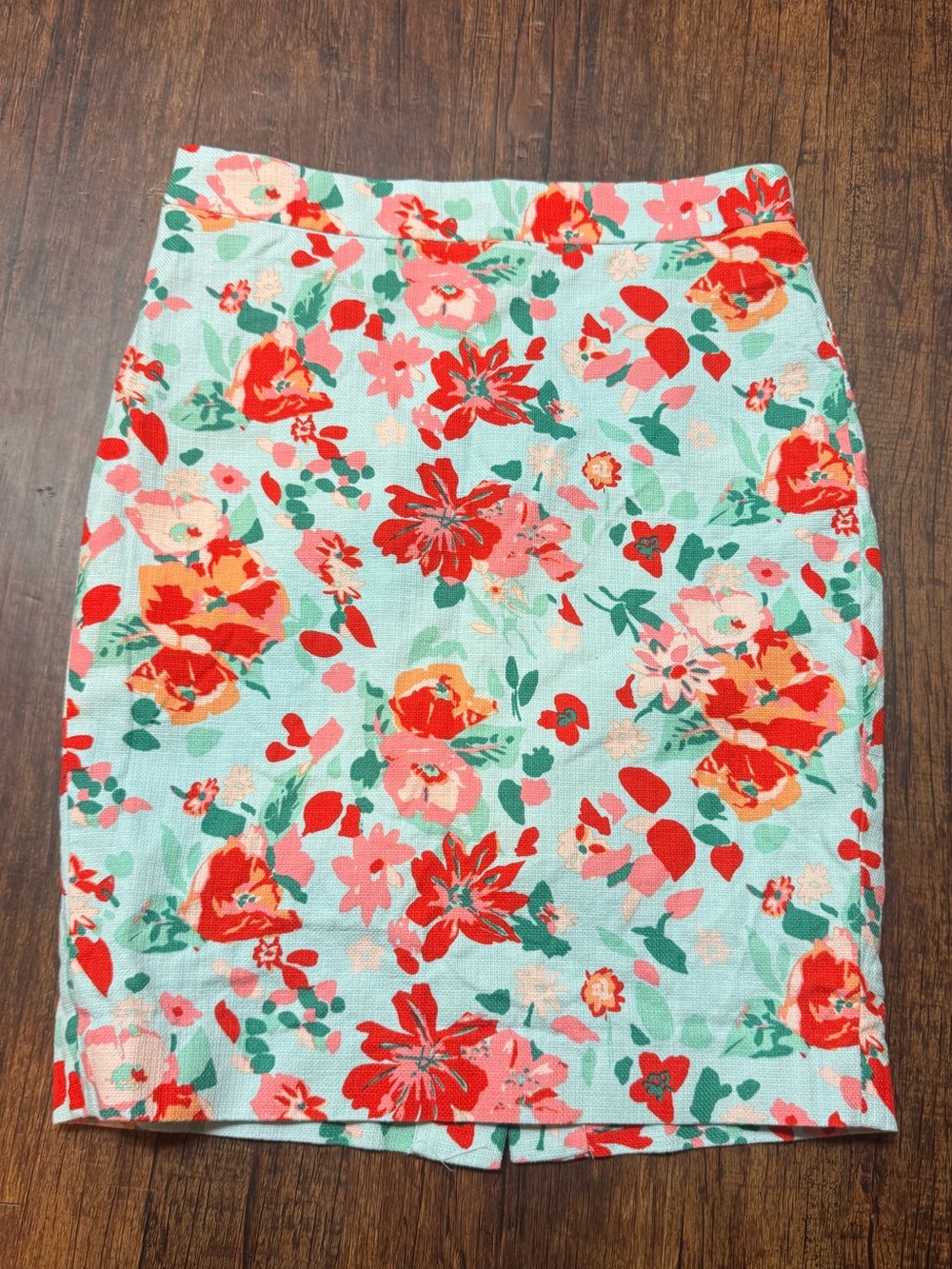 J. Crew Mint Floral Pencil Skirt with Red, Pink, and Orange Flower Blooms